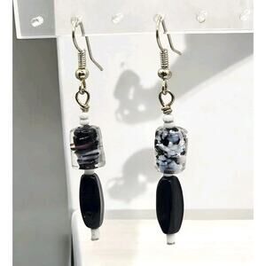 Swirl Mottled Pattern Glass Earrings Cylindrical Elongated Black Acrylic Beads